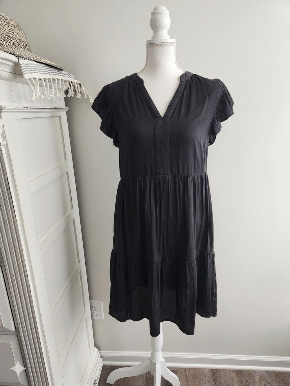 PARTIALLY LINED PLEATED V-NECK FLUTTER SLEEVE DRESS